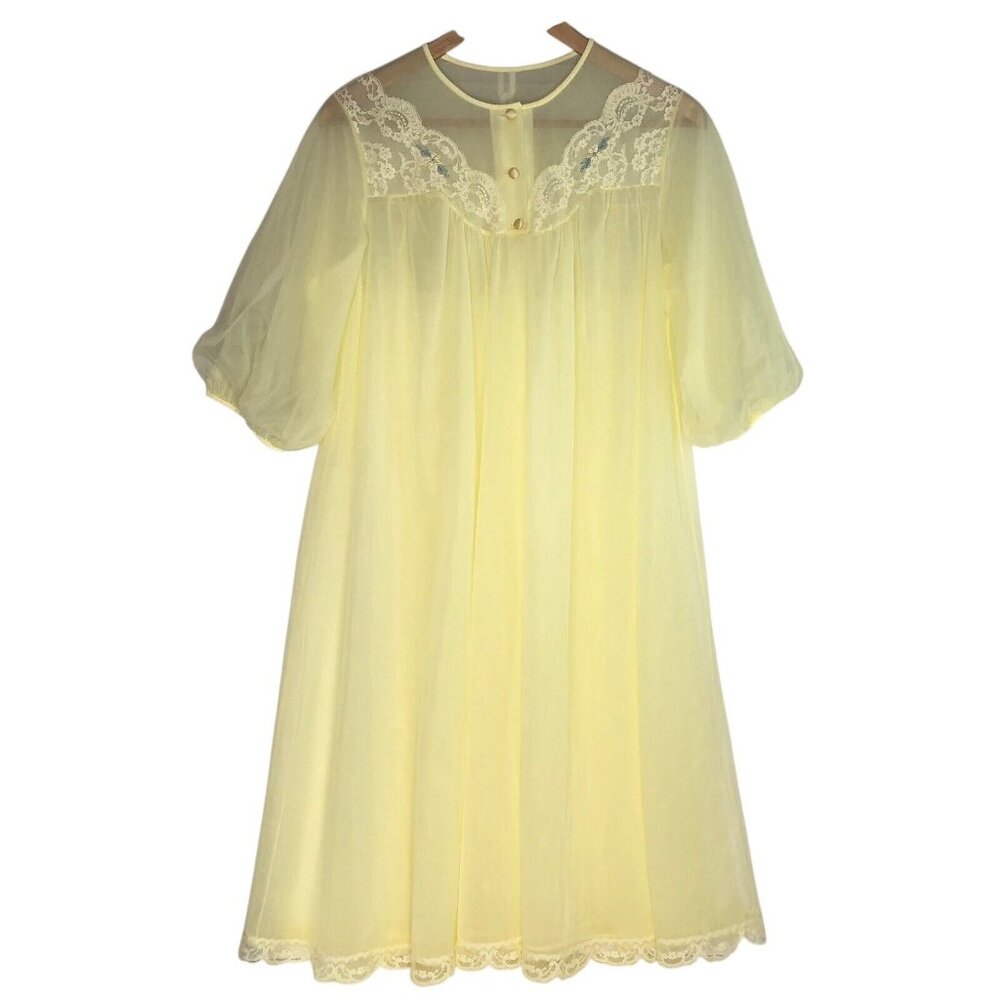 Vtg SHADOWLINE Night Gown Peignoi S butter Yellow Sheer Lace Layer intimate sexy
